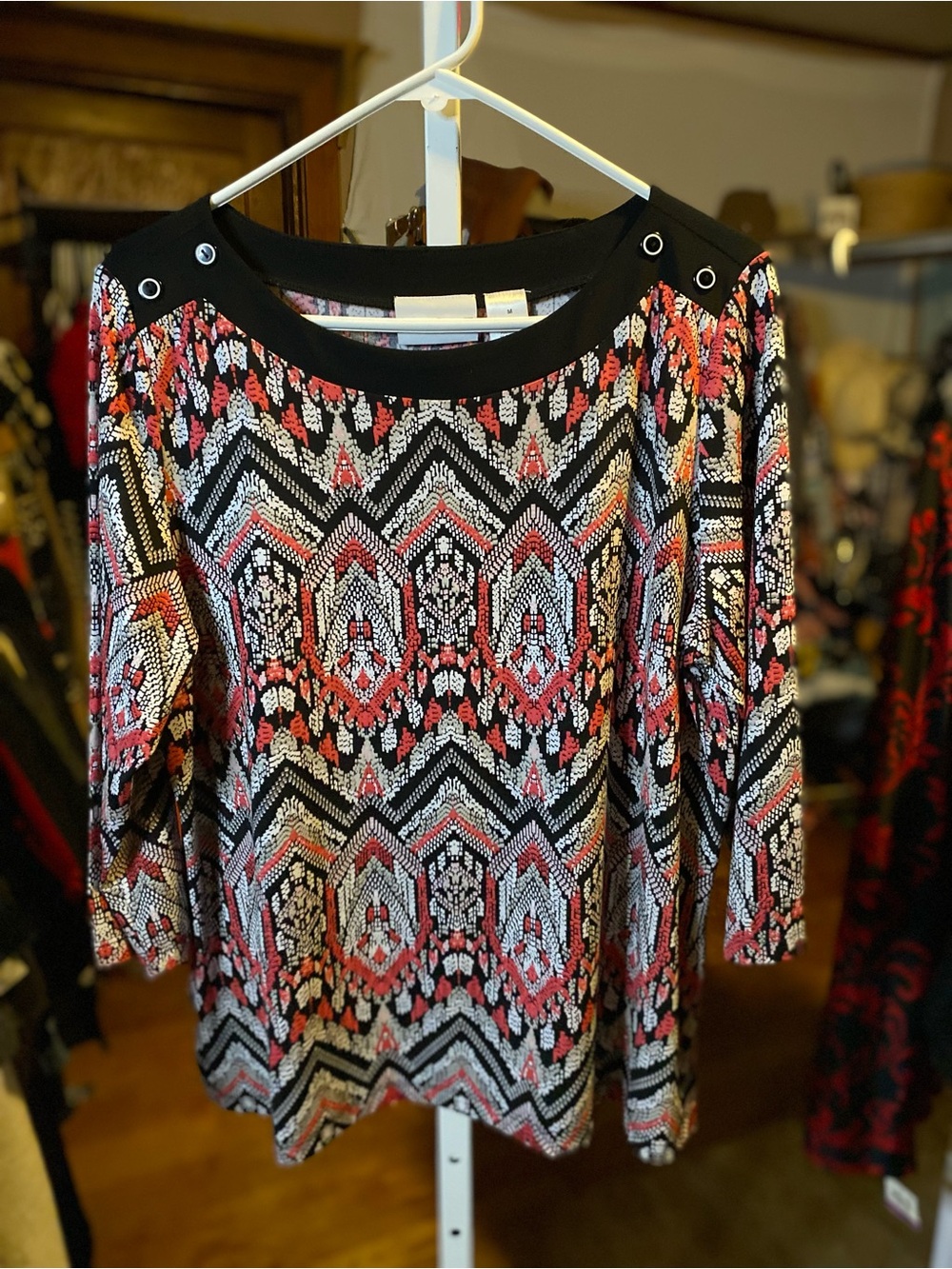 Alfred Dunner Black, Red and White Geometric Boatneck Top